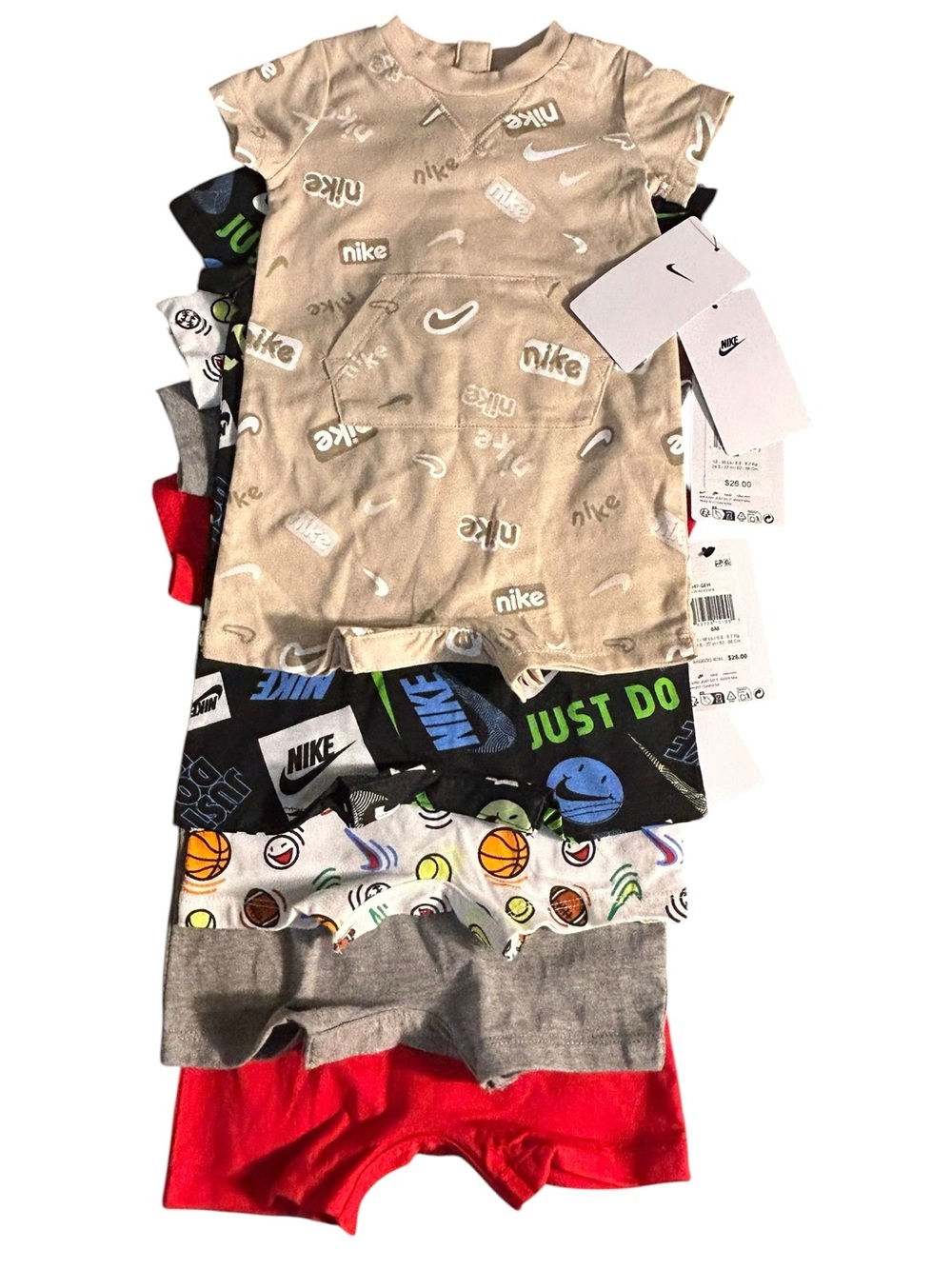 Nike Multi-Pack Baby Rompers in Beige, Black, White, Gray & Red 6M